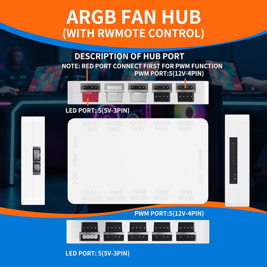 ARGB PWM Fan Hub with Magnetic Base, 20-Port Cooling & Lighting Control Center - White